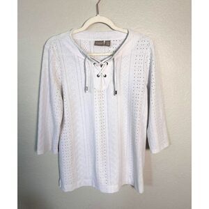 Chico's White Eyelet Lace Up Grommet Tunic Top 3/4 Sleeve Size 1 M Medium Resort